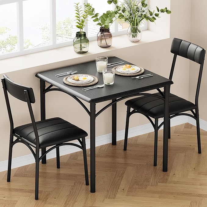 GAOMON Dining Table Set for 2, Kitchen Table and Chairs for 2 with Upholstered Chairs, 3 Piece Dining Room Table Set, Square Kitchen Table Set for Small Space, Apartment, Studio, Rustic Black - LeafyLoom