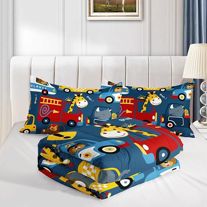 Datura home Kids Cartoon Car Comforter Set for Boys Kids Children,Transportation Car Police Car Kawaii Animals Printed Bedding Set with 1 Comforter, 2 Pillowcases(Cartoon Car Twin), Twin 68x86inches - LeafyLoom
