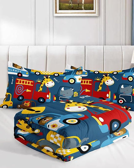 Datura home Kids Cartoon Car Comforter Set for Boys Children,Transportation Car Police Car Kawaii Animals Printed Bedding with 1 and 2 Pillowcases(Cartoon Car Queen), Queen 90x90inches - LeafyLoom