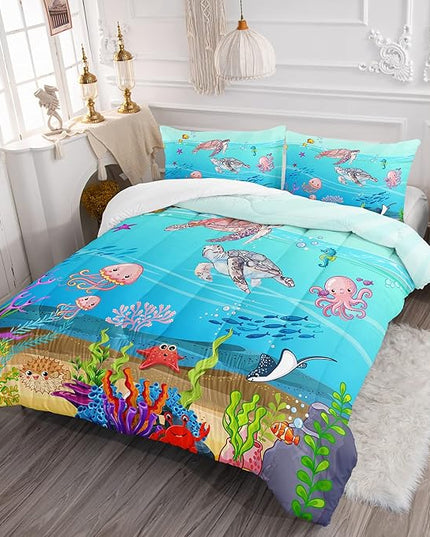 Turtle Comforter Set Full Ocean Watercolor Sea Turtle Bedding Set Tropical Fish Marine Life Bed Set with 2 Pillowcases for Kids Room Decor - LeafyLoom
