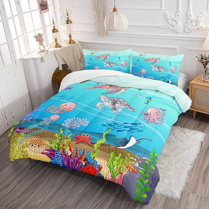 Turtle Comforter Set Full Ocean Watercolor Sea Turtle Bedding Set Tropical Fish Marine Life Bed Set with 2 Pillowcases for Kids Room Decor - LeafyLoom