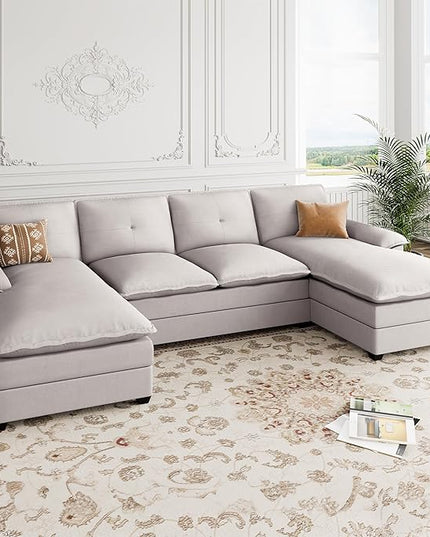 Shintenchi 110" Modular Sectional Couches for Living Room, U-Shaped Sofa Couch with Double Chaise, 4 Seat Sofa Sets with Thick Cushion & Soft Backrest, Creamy White - LeafyLoom