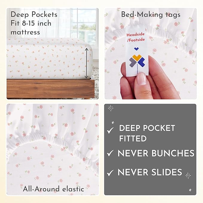 California Design Den Twin XL Bed Sheets Printed Floral Sheet Set, 400 Thread Count, 100% Cotton Sateen 3 Pc Deep Pocket Sheets & Pillowcase Set - Soft Floral - LeafyLoom