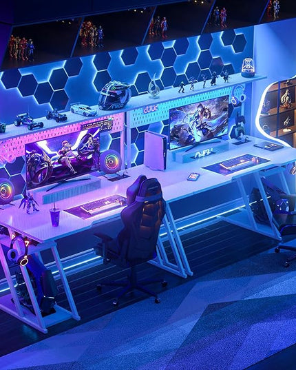 55'' White Gaming Desk with Hutch and LED Lights, Gaming Computer Desk with Storage Shelves & Z-Shaped Legs, Reversible PC Gaming Desk with Pegboard, Ergonomic Desk for Bedroom, Carbon Fiber Surface - LeafyLoom
