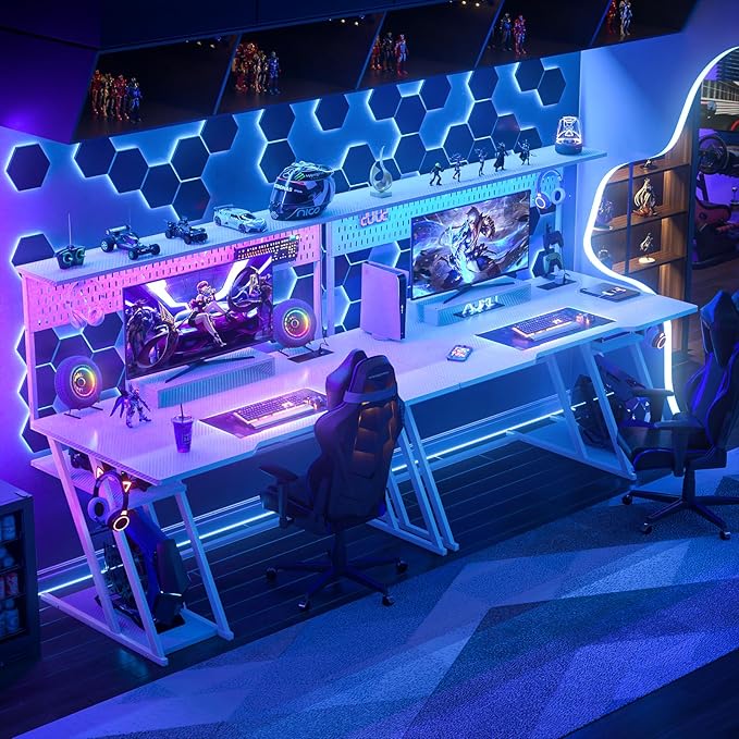 55'' White Gaming Desk with Hutch and LED Lights, Gaming Computer Desk with Storage Shelves & Z-Shaped Legs, Reversible PC Gaming Desk with Pegboard, Ergonomic Desk for Bedroom, Carbon Fiber Surface - LeafyLoom
