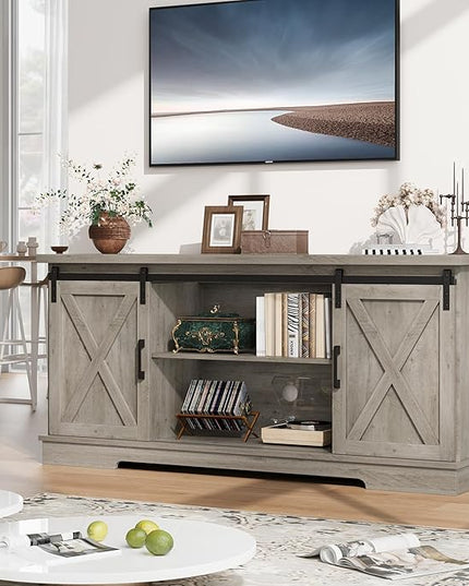 Entertainment Center for 65 Inch TV, Farmhouse TV Stand Media Console Table, Tall TV Stand with Sliding Barn Doors, Storage and Shelves, Wood TV Console Cabinet Furniture for Living Room, Grey - LeafyLoom