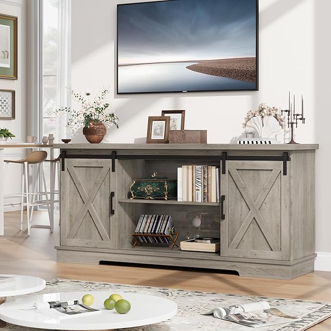 Entertainment Center for 65 Inch TV, Farmhouse TV Stand Media Console Table, Tall TV Stand with Sliding Barn Doors, Storage and Shelves, Wood TV Console Cabinet Furniture for Living Room, Grey - LeafyLoom