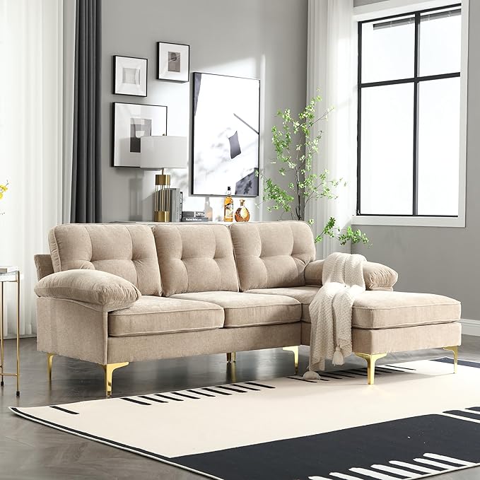 L Shaped Convertible Sleeper Sectional Sofa with Reversible Chaise, 3 Seater Corner Couch Bed with Detachable Pillow Armrest and Golden Metal Legs for Living Room Apartment Small Space - LeafyLoom
