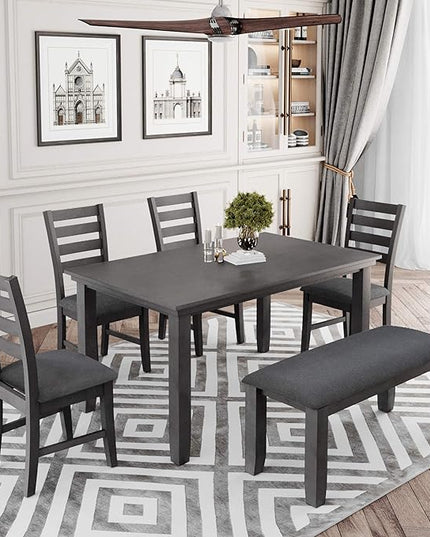 Dining Table Set for 6, Kitchen Table Chairs Set of 6 with Backrest, Rustic Wood Dining Room Table Set for Living Room and Kitchen, Dark Grey - LeafyLoom