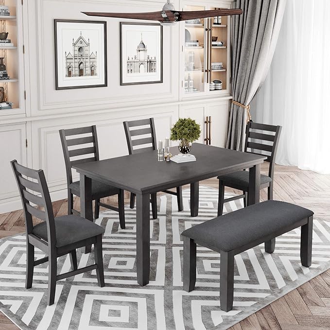 Dining Table Set for 6, Kitchen Table Chairs Set of 6 with Backrest, Rustic Wood Dining Room Table Set for Living Room and Kitchen, Dark Grey - LeafyLoom