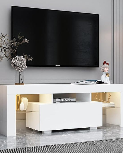 51Inch TV Stand Base, Entertainment Center Cabinet with LED Light Media Console for Living Room, Bedroom, White - LeafyLoom