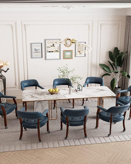 Dining Chairs with Casters and Arms, Rolling Dining Chairs with Wheels, Accent Game Poker Table Chairs, Solid Wood Boss Caption's Chairs Office Desk Chairs, Cherry Legs & Blue SY-1533-LB - LeafyLoom