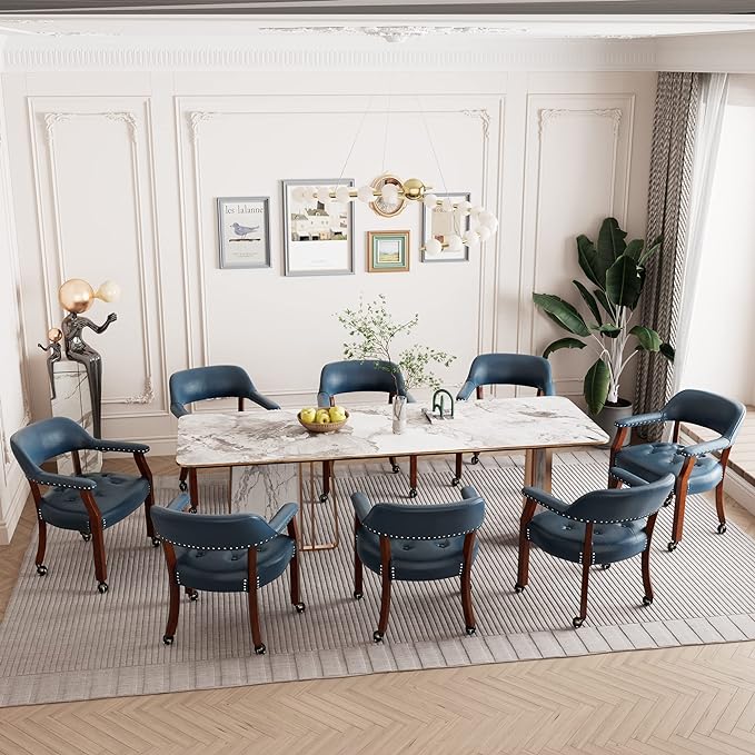Dining Chairs with Casters and Arms, Rolling Dining Chairs with Wheels, Accent Game Poker Table Chairs, Solid Wood Boss Caption's Chairs Office Desk Chairs, Cherry Legs & Blue SY-1533-LB - LeafyLoom