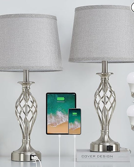 Nightstand Table Lamps for Bedrooms Set of 2 with USB C+A, Bedside Lamps with Spiral Cage Base, Tall Living Room Lamps for End Tables, Modern Night Stand Lamps for Bed Side Guest Room Bulbs Included - LeafyLoom