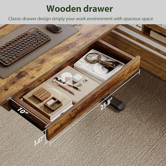 Adjustable Height Electric Standing Desk with Storage Wooden Drawer, 48 x 24 Inches Stand Up Home Office Computer Gaming Table with Splice Board for Work Office Home, Rustic Brown - LeafyLoom