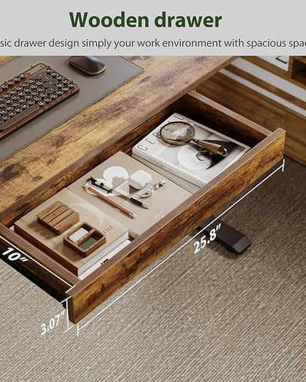 Adjustable Height Electric Standing Desk with Storage Wooden Drawer, 63 x 24 Inches Stand Up Home Office Computer Gaming Table with Splice Board for Work Office Home, Rustic Brown - LeafyLoom