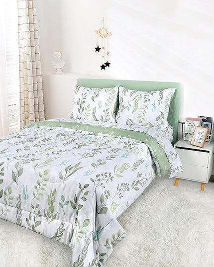 DILIMI Twin Comforter Set for Girls, Reversible 5 Pieces Comforter Twin Size Bed, Green Leaf Ultra Soft Twin Bedding Sets with Comforter, Flat Sheet, Fitted Sheet, 2 Pillowcase - LeafyLoom