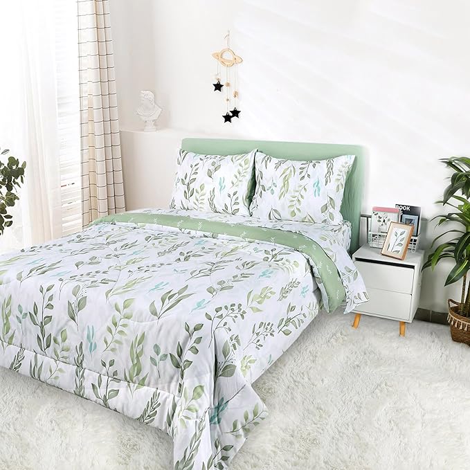 DILIMI Twin Comforter Set for Girls, Reversible 5 Pieces Comforter Twin Size Bed, Green Leaf Ultra Soft Twin Bedding Sets with Comforter, Flat Sheet, Fitted Sheet, 2 Pillowcase - LeafyLoom
