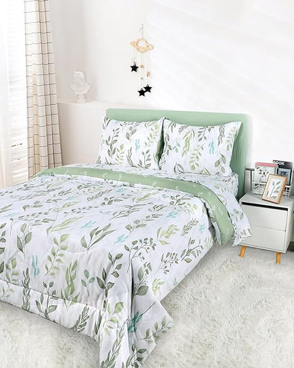 DILIMI Full Size Comforter Set for Girls, 5 Pieces Reversible Comforter Full Size, Ultra Soft Green Leaf Full Size Bed Comforter Sets with Sheet, Comforter, Flat Sheet, 2 Pillowcase - LeafyLoom