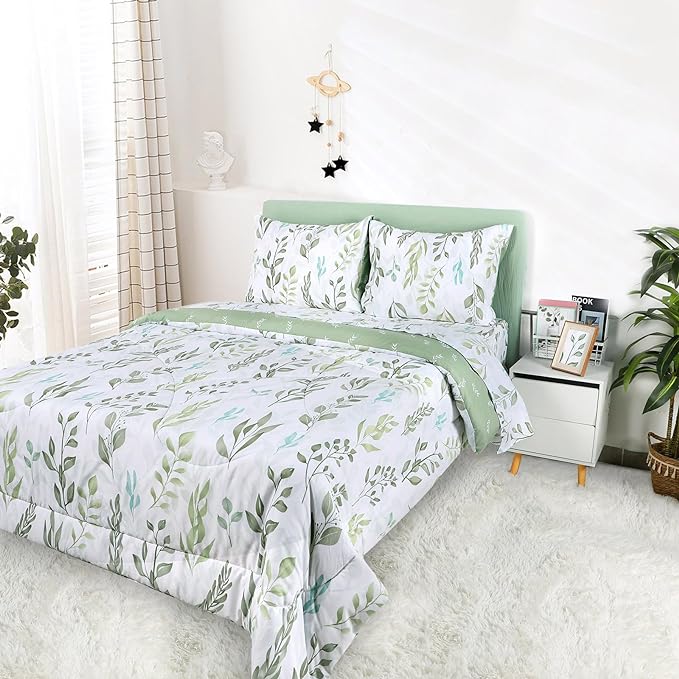 DILIMI Full Size Comforter Set for Girls, 5 Pieces Reversible Comforter Full Size, Ultra Soft Green Leaf Full Size Bed Comforter Sets with Sheet, Comforter, Flat Sheet, 2 Pillowcase - LeafyLoom