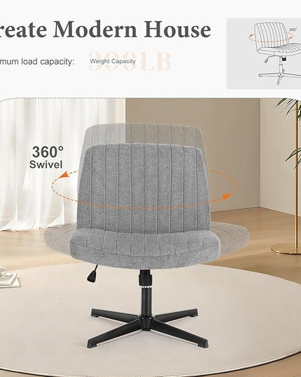Sweetcrispy Criss Cross Chair Legged, Armless Office Desk Chair No Wheels, Swivel Vanity Chair, Height Adjustable Wide Seat Computer Task Chair, Fabric Vanity Modern Home Chair Grey - LeafyLoom
