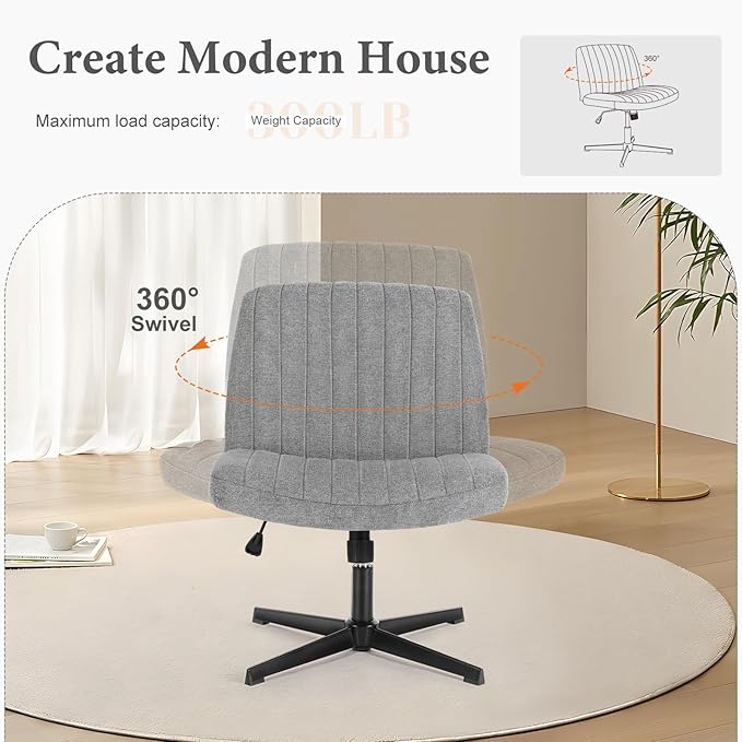 Sweetcrispy Criss Cross Chair Legged, Armless Office Desk Chair No Wheels, Swivel Vanity Chair, Height Adjustable Wide Seat Computer Task Chair, Fabric Vanity Modern Home Chair Grey - LeafyLoom