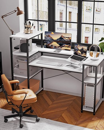 63-Inch Computer Desk with Printer Shelf, Teen Desk, Home Office Desk with Monitor Stand and Bookshelf for Study, Writing, PC Work, Gaming - LeafyLoom