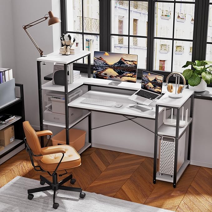 63-Inch Computer Desk with Printer Shelf, Teen Desk, Home Office Desk with Monitor Stand and Bookshelf for Study, Writing, PC Work, Gaming - LeafyLoom