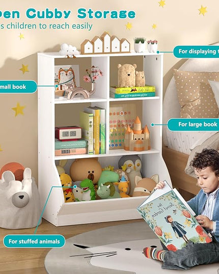EasyCom 3 Tier Toy Storage Organizer, 5 Cube Toy Shelf and Bookcase Storage Cabinet, Book Shelf for Playroom Bedroom Living Room Nursery White - LeafyLoom