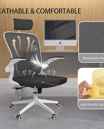Ergonomic Office Chair, High Back Mesh Computer Desk Chair with Flip-up Arms, Adjustable Lumbar Support & Headrest, Swivel Rolling Task Chair for Home Office, Bedroom, Study, College Dorm（White&Black - LeafyLoom