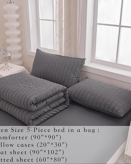 Grey Queen Size Comforter Sets for Boys Men Boho Dark Grey Seersucker Bedding Set 5 Pieces-Microfiber Lightweight All Season Comforter Set for Bedding(90x90In Comforter) - LeafyLoom