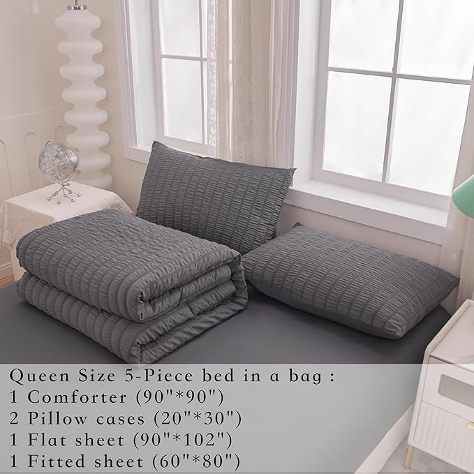 Grey Queen Size Comforter Sets for Boys Men Boho Dark Grey Seersucker Bedding Set 5 Pieces-Microfiber Lightweight All Season Comforter Set for Bedding(90x90In Comforter) - LeafyLoom