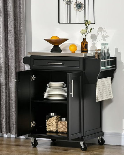 HOMCOM Kitchen Island on Wheels, Rolling Kitchen Cart with Stainless Steel Countertop, Drawer, Towel Rack and Spice Rack, Utility Storage Trolley, Black - LeafyLoom