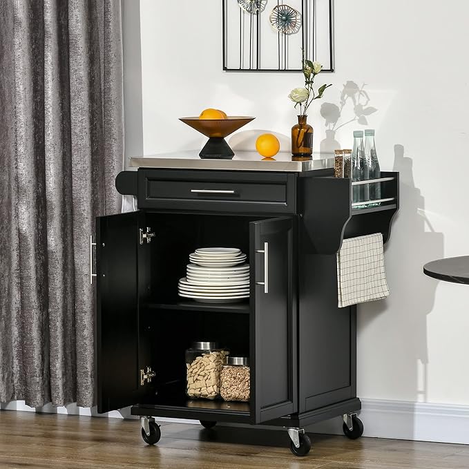 HOMCOM Kitchen Island on Wheels, Rolling Kitchen Cart with Stainless Steel Countertop, Drawer, Towel Rack and Spice Rack, Utility Storage Trolley, Black - LeafyLoom