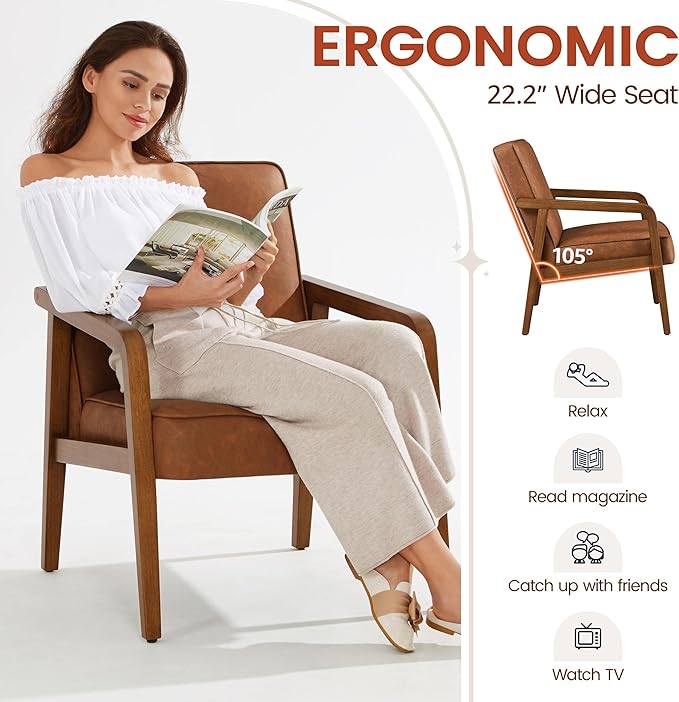 Yaheetech PU Leather Accent Chair, Mid-Century Modern Barrel Chair with Wooden Frame and Soft Thick Padded for Living Room Bedroom Home Office, 2 Pieces, Light Brown - LeafyLoom