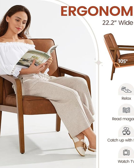 Yaheetech PU Leather Accent Chair, Mid-Century Modern Barrel Chair with Wooden Frame and Soft Thick Padded for Living Room Bedroom Home Office, Light Brown - LeafyLoom