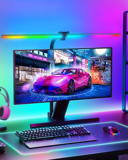 Brightown LED Desk Lamp with Clamp for Home Office, Double Head Color Changing Desk Lights with Remote, 24W Ultra Bright Multicolor Table Lamp with Rotatable Swing Arms for Gaming Computer, RGB Mode - LeafyLoom