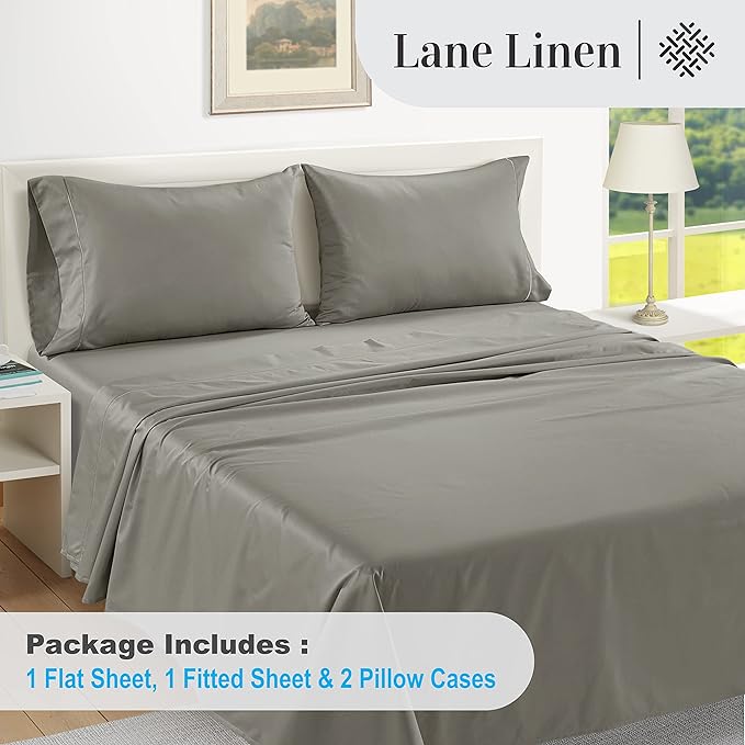 LANE LINEN 100% Egyptian Cotton Bed Sheets - 1000 Thread Count 4-Piece Charcoal Calking Set Bedding Sateen Weave Luxury Hotel 16" Deep Pocket (Fits Upto 17" Mattress) - LeafyLoom