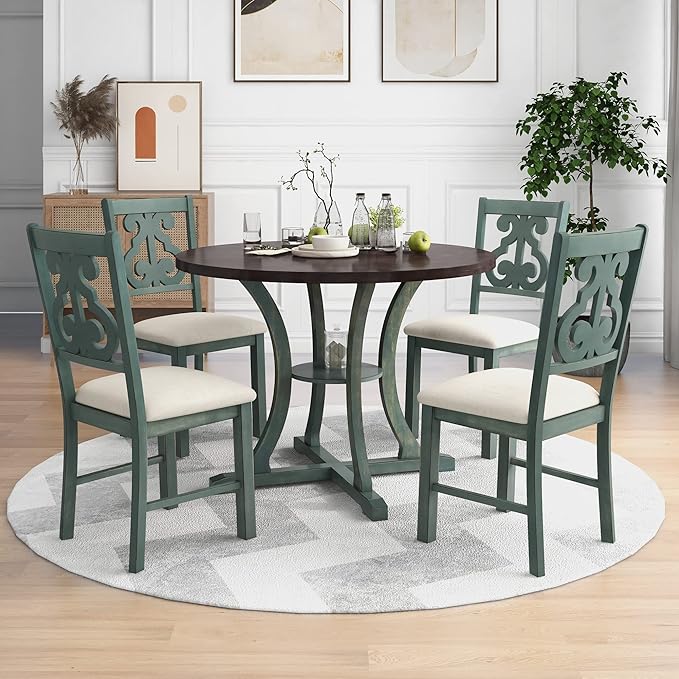 Kitchen Set 5-Piece Round Dining 4 Fabric Chairs with Special-shaped Table Legs and Storage Shelf, Antique Blue+Dark Brown - LeafyLoom