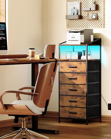 Nightstand 5 Drawer Dresser with LED Lights and Charging Station, Vertical Side Table with Fabric Drawers, End Table with Open Shelf, Tall Dresser for Bedroom, Hallway, Entryway, Rustic Brown - LeafyLoom