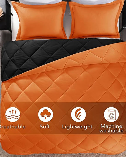 downluxe Queen Comforter Set - Orange and Black Queen Comforter, Soft Bedding Sets for All Seasons -3 Pieces - 1 Comforter (88"x92") and 2 Pillow Shams(20"x26") - LeafyLoom