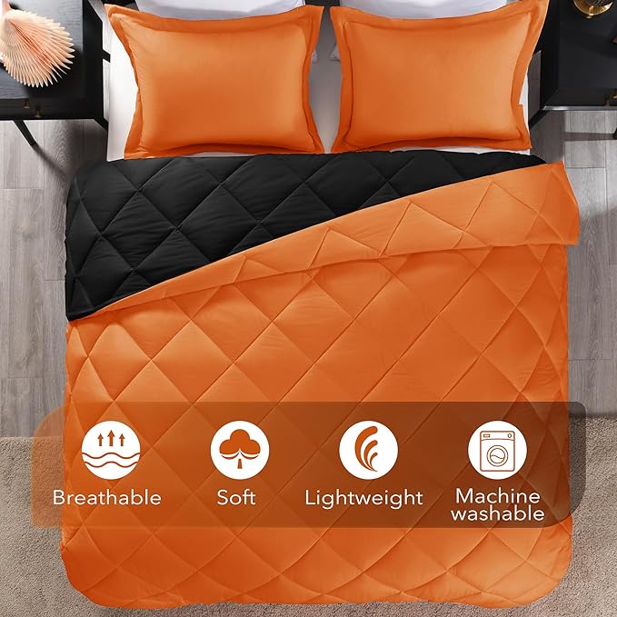 downluxe Queen Comforter Set - Orange and Black Queen Comforter, Soft Bedding Sets for All Seasons -3 Pieces - 1 Comforter (88"x92") and 2 Pillow Shams(20"x26") - LeafyLoom