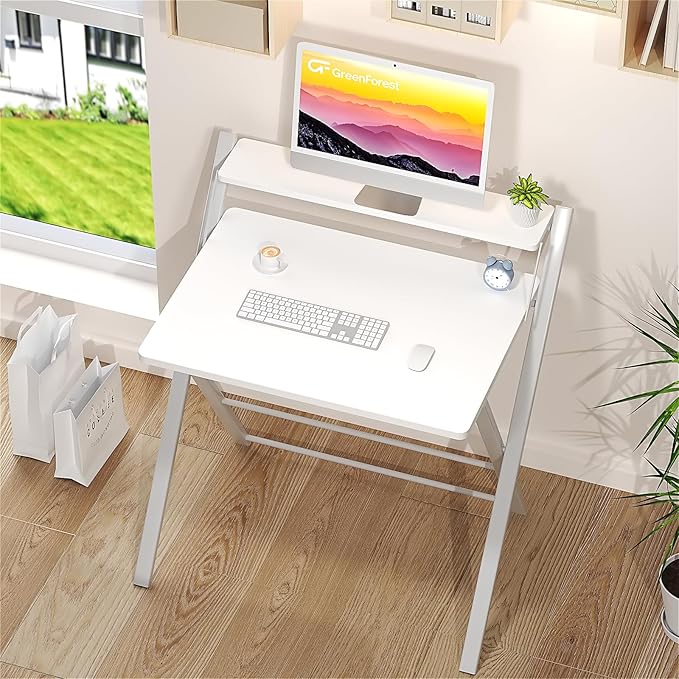 GreenForest Folding Desk No Assembly Required Small Size, 2-Tier Foldable Computer Desk with Shelf for Home Office, Space Saving Portable Laptop Study Foldable Table for Small Spaces, White - LeafyLoom
