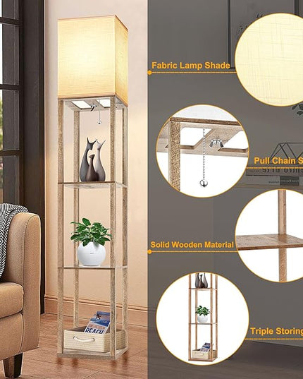 Floor Lamp with Shelves for Living Room Natural Wood, Shelf Floor Lamp with 3 CCT LED Bulb, Corner Display Standing Column Lamp Etagere Organizer Tower Nightstand with White Linen Shade for Bedroom - LeafyLoom