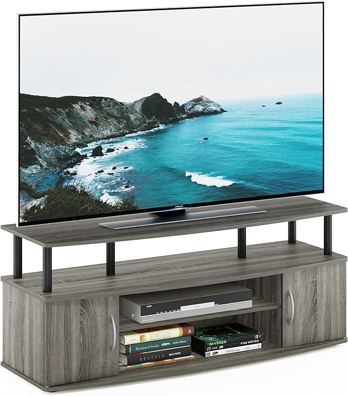 Furinno JAYA Large Entertainment Stand for TV Up to 55 Inch, French Oak Grey/Black - LeafyLoom