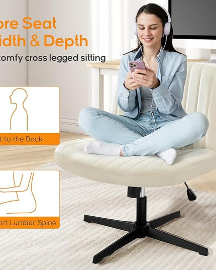 Criss Cross Chair, Cross Legged Office Chair, Wide Comfty Desk Chair, No Wheels Armless Computer Task Chair, Swivel Vanity Home Chair, Height Adjustable - LeafyLoom