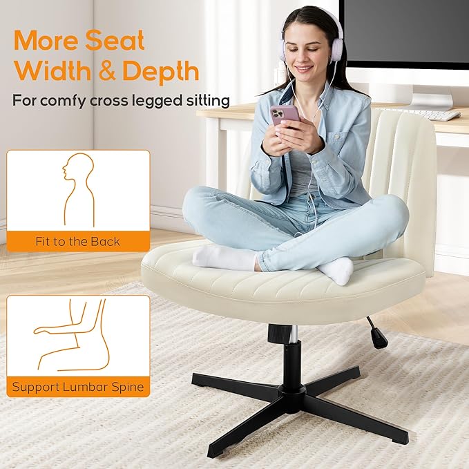 Criss Cross Chair, Cross Legged Office Chair, Wide Comfty Desk Chair, No Wheels Armless Computer Task Chair, Swivel Vanity Home Chair, Height Adjustable - LeafyLoom
