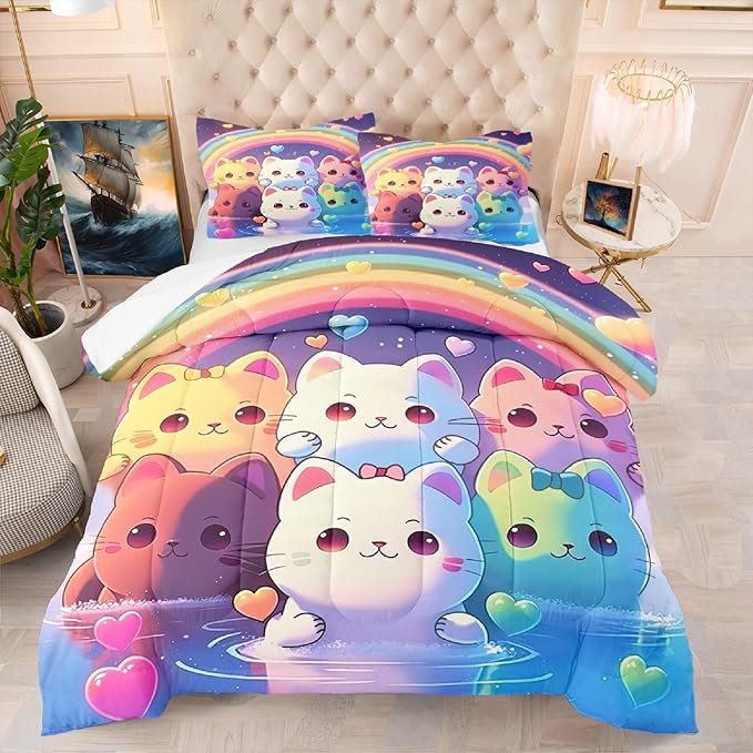 Rainbow Cat Comforter Full Size - Rainbow Cat Bedding for Girls Room Cute Cartoon Rainbow Bedding Full Comforter Sets for Kids, 1 Comforter+2 Pillowcases - LeafyLoom