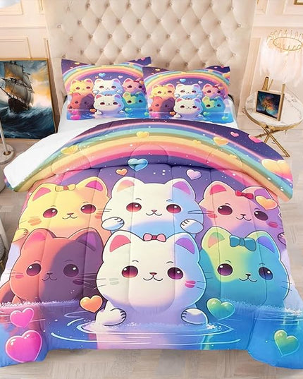 Rainbow Cat Comforter Queen Size - Rainbow Cat Bedding for Girls Room Cute Cartoon Rainbow Bedding Queen Comforter Sets for Kids, 1 Comforter+2 Pillowcases - LeafyLoom