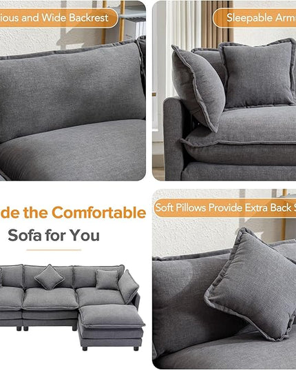 112.2" L-Shape Chenille Upholstered Sofa, Modern Luxury Couch with Movable Ottoman adn 5 Pillows, for Living Room, Apartment, 112.2 Inch, Gray - LeafyLoom